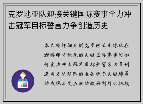 克罗地亚队迎接关键国际赛事全力冲击冠军目标誓言力争创造历史