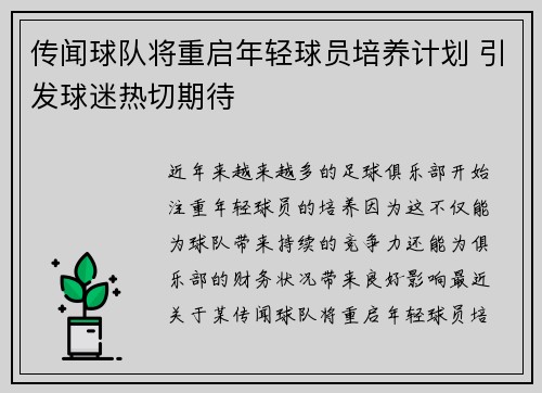 传闻球队将重启年轻球员培养计划 引发球迷热切期待