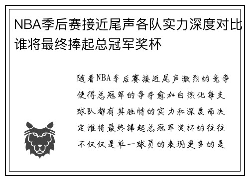 NBA季后赛接近尾声各队实力深度对比谁将最终捧起总冠军奖杯