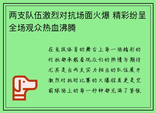 两支队伍激烈对抗场面火爆 精彩纷呈全场观众热血沸腾