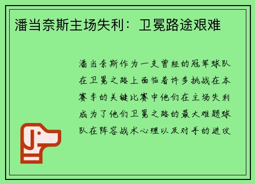 潘当奈斯主场失利：卫冕路途艰难