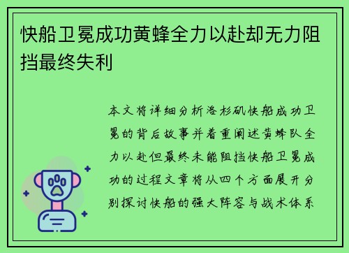 快船卫冕成功黄蜂全力以赴却无力阻挡最终失利