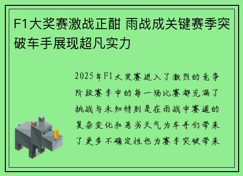 F1大奖赛激战正酣 雨战成关键赛季突破车手展现超凡实力