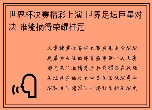 世界杯决赛精彩上演 世界足坛巨星对决 谁能摘得荣耀桂冠